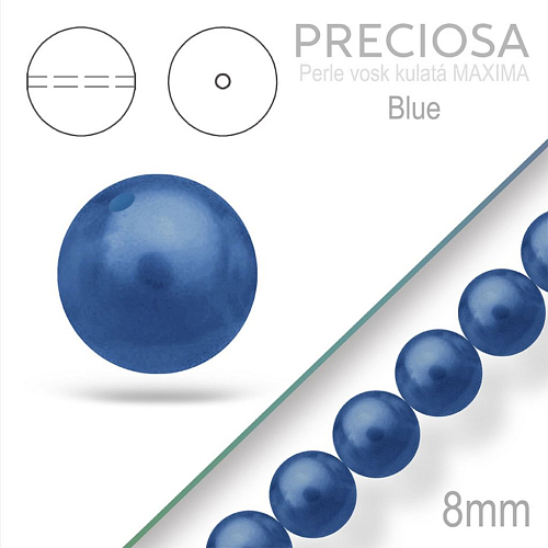 PRECIOSA Voskované Perle barva BLUE  velikost 8mm. Balení návlek 15Ks. 