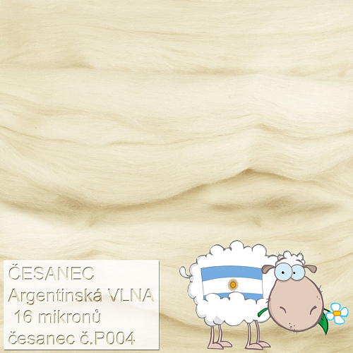 Česanec Argentinské MERINO (16- mikronů), vlna na plstění a předení. Barva P004 PŘÍRODNÍ BÍLÁ. Balení 20g.