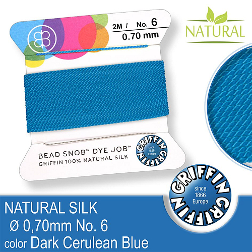 Hedvábná nit s jehlou GRIFFIN síla nitě 0,7mm No.6 délka 2m. Barva Dark Cerulean Blue.