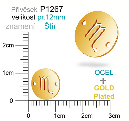 Přívěsek Ocel ozn-P1267 znamení ŠTÍR 2x otvor velikost pr.12mm. Barva POZLACENO. Řada přívěsků ProfiLUX