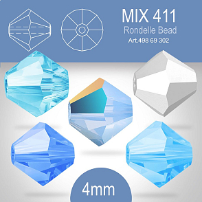 PRECIOSA Bicone (sluníčko) velikost 4mm. Barva MIX 411 Labrabor Full, Aquamarine, Aqua Bohemica AB, Sapphire, Light Sapphire Opal AB. Balení 30ks (5X6ks)