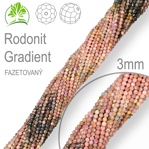 Korálky z minerálů Rodonit Gradient Fazetovaný polodrahokam. Velikost pr.3mm. Balení 110Ks. 