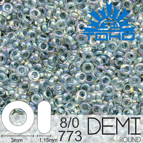 Korálky TOHO Demi Round 8/0. Barva 773 Inside-Color Rainbow Crystal/Montana Blue-Lined. Balení 5g