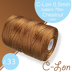 Nylonová nit C-Lon pevná korálková nit. Barva 33 Chestnut. Síla nitě 0,5mm. Balení 78m na cívce.