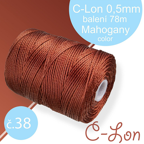 Nylonová nit C-Lon pevná korálková nit. Barva 38 Mahogany. Síla nitě 0,5mm. Balení 78m na cívce.