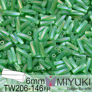 Korálky Miyuki Bugle Bead 6mm. Barva TW206-146FR Matte Tr Green AB. Balení 5g.