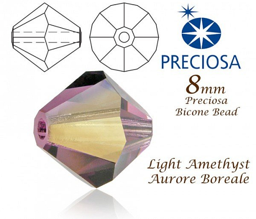 PRECIOSA Bicone MC BEAD (sluníčko) velikost 8mm. Barva LIGHT AMETHYST Aurore Boreale. Balení 15Ks