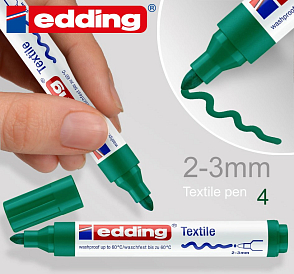 Permanentní textilní popisovač EDDING. Šířka 2-3mm odstín č.4 Zelená smaragdová