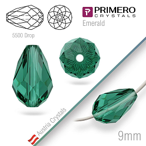 Korálky PRIMERO Crystals . Tvar 5500 Drop. Barva Emerald. Velikost 9mm