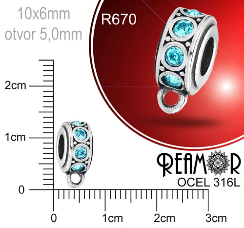 Korálek s očkem a kamínky po obvodu Reamor CHIRURGICKÁ OCEL ozn.-R670. Velikost 10x5mm otvor 5,0mm.