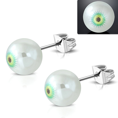 Náušnice TTE 350 chirurgická ocel s voskovanou perlí se zeleným okem