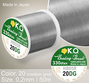 Nylonová nit značky K.O. Barva č. 20 medium grey. Materiál 330DTEX (0,2mm). Balení 50m.