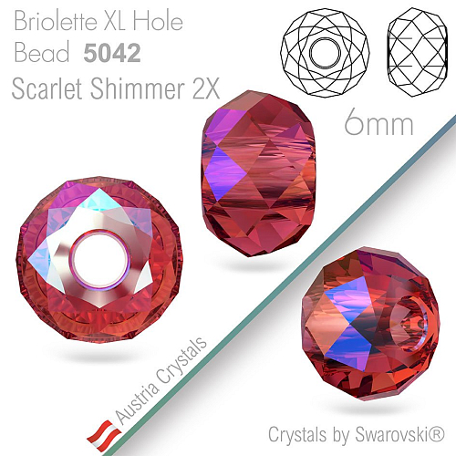 SWAROVSKI Briolette XL Hole Bead 5042. Barva Scarlet Shimmer 2X. Velikost pr.6x3,7 mm. Průtah 2,3 až 2,5 mm
