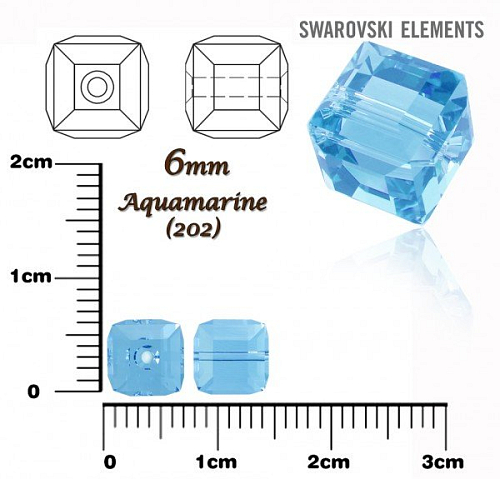 SWAROVSKI CUBE Beads 5601 barva AQUAMARINE velikost 6mm.