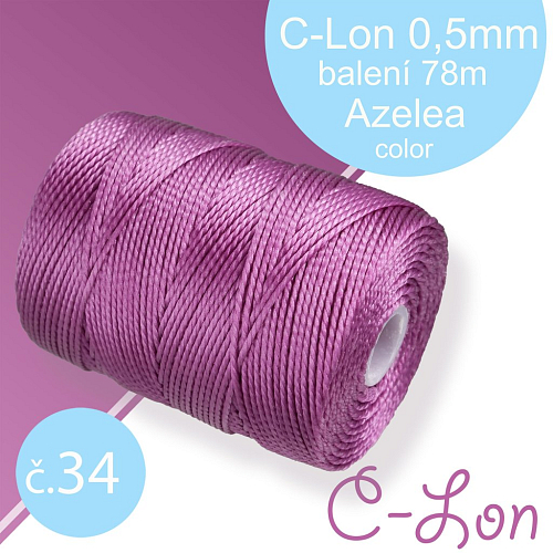 Nylonová nit C-Lon pevná korálková nit. Barva 34 Azelea. Síla nitě 0,5mm. Balení 78m na cívce.