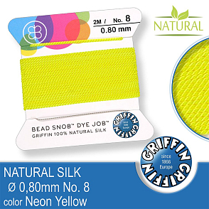 Hedvábná nit s jehlou GRIFFIN síla nitě 0,8mm No.8 délka 2m. Barva Neon Yellow.