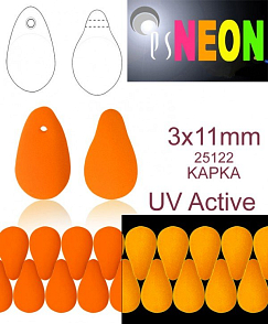 Korálky NEON (UV Active) KAPKA velikost 3x11mm barva 25122 ORANŽOVÁ. Balení 30Ks. 