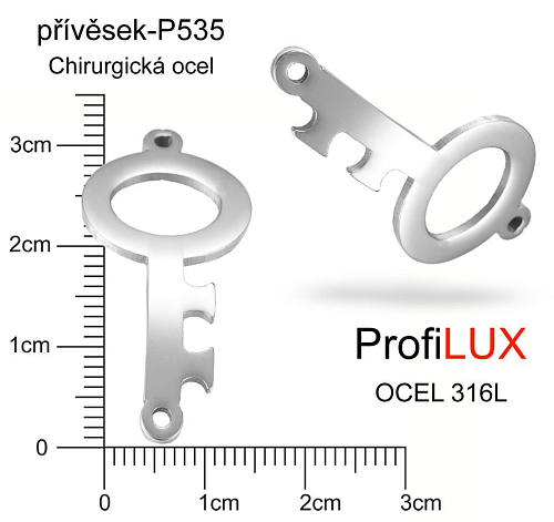 Přívěsek Chirurgická Ocel ozn-P535 KLÍČ 2 očka  velikost 31x15,5mm tl.1,2mm. Řada přívěsků ProfiLUX. 