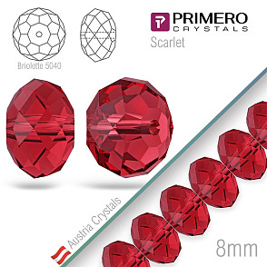 Korálky PRIMERO Crystals . Tvar 5040 Brilotette. Barva Scarlet. Velikost 8mm