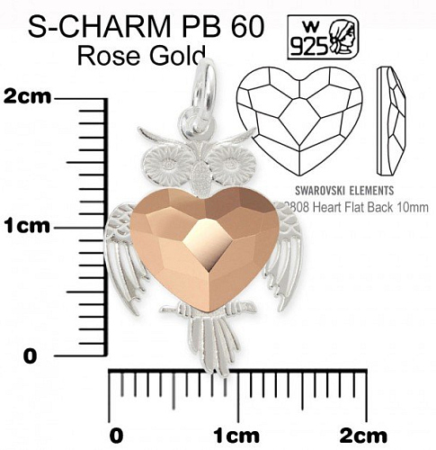 Přívěsek tvar SOVA+Swarovski 2808 10mm Crystal (001) Rose Gold (ROGL) ozn.PB 60. Materiál Ag925. Váha Ag 0,78g