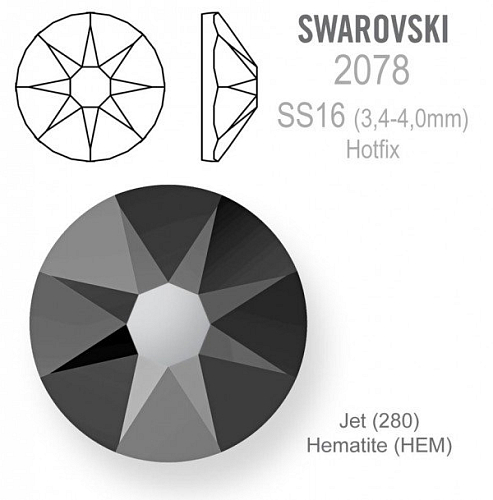 SWAROVSKI xirius rose HOTFIX 2078 velikost SS16 barva Jet Hematite 