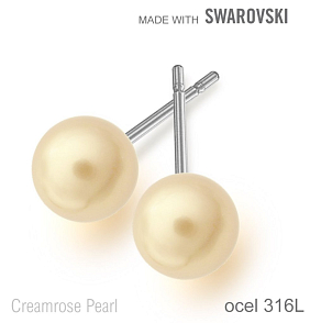 Náušnice sada Made with Swarovski 5818 Crystal Creamrose Pearl (001 621) 6mm+puzeta 316L