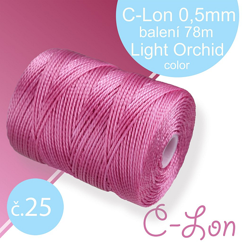 Nylonová nit C-Lon pevná korálková nit. Barva 25 Light Orchid. Síla nitě 0,5mm. Balení 78m na cívce.