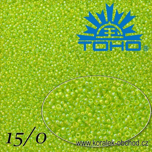 Korálky TOHO tvar ROUND (kulaté). Velikost 15/0. Barva č. 164- Trans-Rainbow Lime Green . Balení 5g.