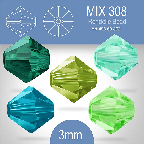 PRECIOSA Bicone (sluníčko) velikost 3mm. Barva MIX 308 Limecicle, Caribbean Sea, Blue Zircon, Emerald, Olivine. Balení 40ks (5X8ks)