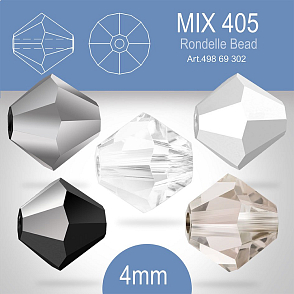 PRECIOSA Bicone (sluníčko) velikost 4mm. Barva MIX 405 Crystal, Crystal Velvet, Jet Light Hematite, Labrador Full, Jet Hematite Half. Balení 30ks (5X6ks)