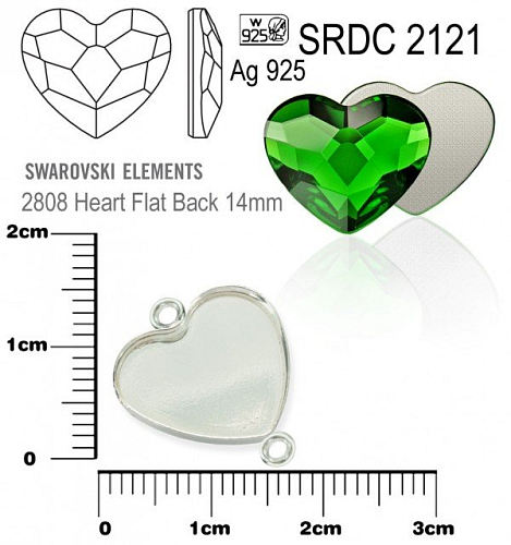 Přívěsek SRDCE s očky na Swarovski 2808 Heart Flat Back 14mm ozn. SRDC 2121. Materiál STŘÍBRO AG925.váha 0,73g.