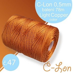 Nylonová nit C-Lon pevná korálková nit. Barva 47 Light Copper. Síla nitě 0,5mm. Balení 78m na cívce.