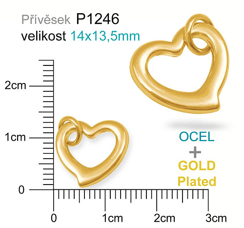 Přívěsek Ocel ozn-P1246 SRDCE s kroužkem velikost 14x13,5mm. Barva Real GOLD Plated.  Řada přívěsků ProfiLUX