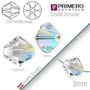 Korálky PRIMERO Crystals . Tvar 5328 Bicone BEADS. Barva Crystal Shimmer. Velikost 3mm balení-25Ks.