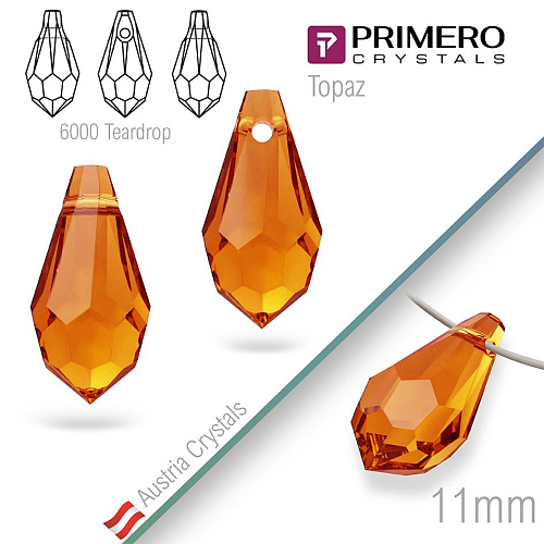Přívěsky PRIMERO Crystals . Tvar 6000 Teardrop. Barva Topaz. Velikost 11mm