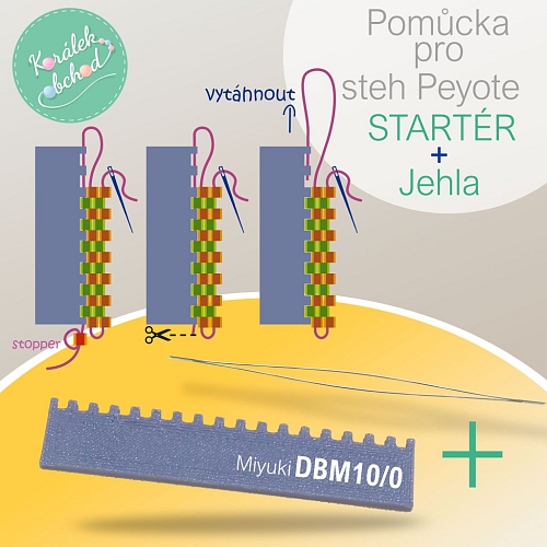 Pomůcka pro steh Peyote (STARTÉR). Pro snadný začátek šití stehem Peyote a korálky Miyuki DBM 10/0 sada Startér +Jehla