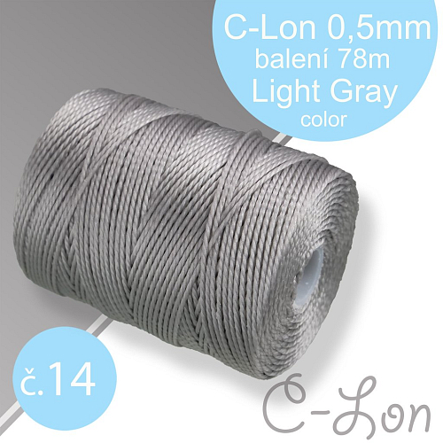 Nylonová nit C-Lon pevná korálková nit. Barva 14 Light Grey. Síla nitě 0,5mm. Balení 78m na cívce.
