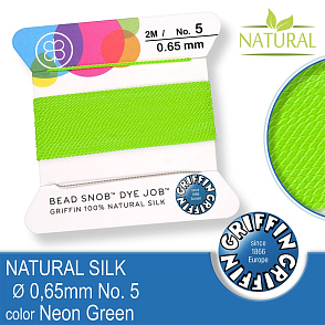 Hedvábná nit s jehlou GRIFFIN síla nitě 0,65mm No.5 délka 2m. Barva Neon Green.