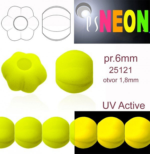 Korálky NEON (UV Active) MELOUN velikost pr.6mm barva 25121 ŽLUTÁ. Balení 21Ks. 