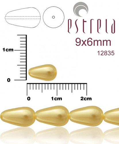 VOSKOVANÉ korále tvar kapka. Velikost 9x6mm. Barva 12835 (zlatá). Balení 10ks na návleku. 