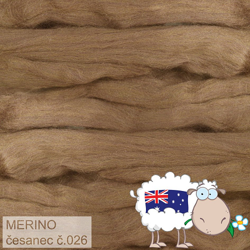 Česanec australské merino (20-21 - mikronů), vlna na plstění a předení. Barva 026 BÉŽOVO-HNĚDÁ. Balení 20g.