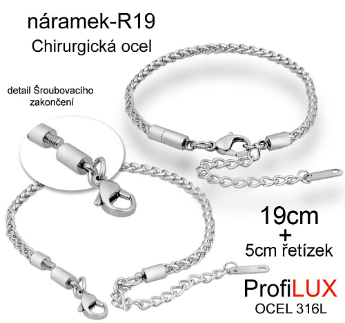 Náramek řetízek  Chirurgická Ocel ozn-R19 délka 19cm pr. řetízku 3mm. Řada komponentů ProfiLUX. 