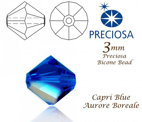 PRECIOSA Bicone (sluníčko) velikost 3mm. Barva CAPRI BLUE Aurore Boreale. Balení 42ks