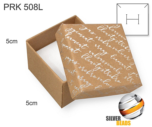 Krabička na šperky. Materiál papír . Ozn. PRK 508L. Velikost 5x5cm. Barva Přírodní se stříbrným nápisem.