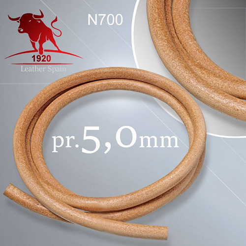 KOŽENÁ šňůra kulatá 5,0mm Šňůra z kvalitní plné kůže. Barva N700 Přírodní. Délka 0,5m.