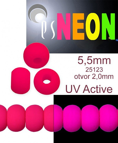 Korálky NEON (UV Active) BAVORÁK velikost pr.5,5mm tl.4,0mm barva 25123 RŮŽOVÁ. Balení 21Ks. 