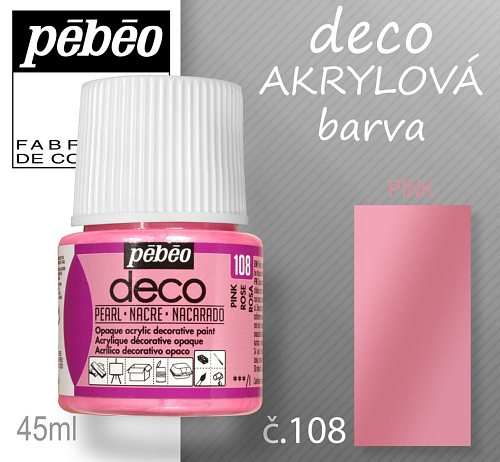 Barva AKRYLOVÁ perleťová Pébeo DECO. Odstín č.108 PINK. Balení 45 ml.