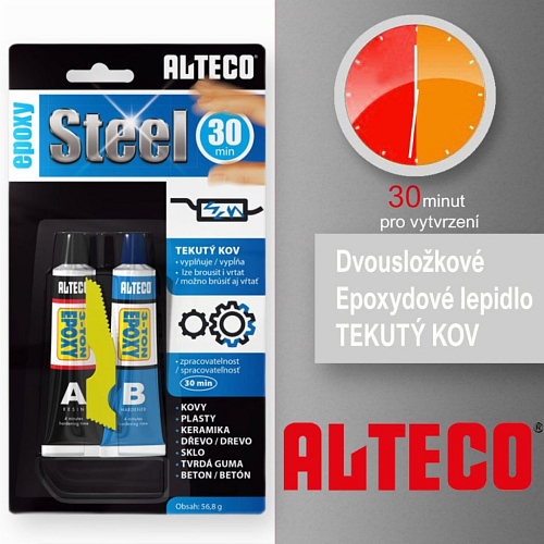 Lepidlo ALTECO EPOXY Steel. Tekutý kov vyplňuje, lze brousit i vrtat. Balení 56,8g. Vytvrzení 30min.