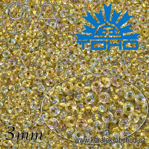 Korálky TOHO tvar MAGATAMA. Velikost pr.3mm. Barva č. 262-Inside-Color Crystal/Gold Lined . Balení 10g.