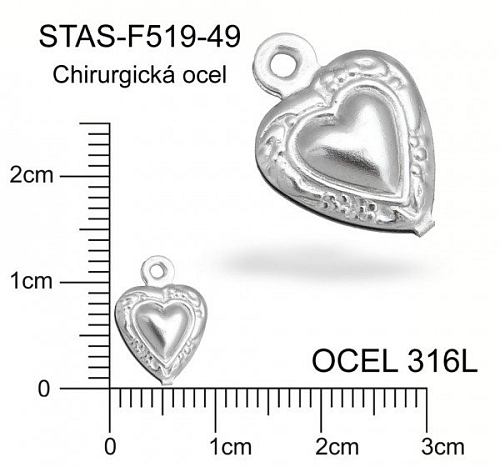 Přívěsek CHIRURGICKÁ OCEL ozn.-STAS-F519-49 tvar SRDCE 3D velikost 12x8mm.